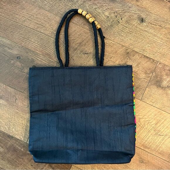 Multicolored Tote with Floral Elephant Motifs from India,decorative bead handle - Picture 10 of 13